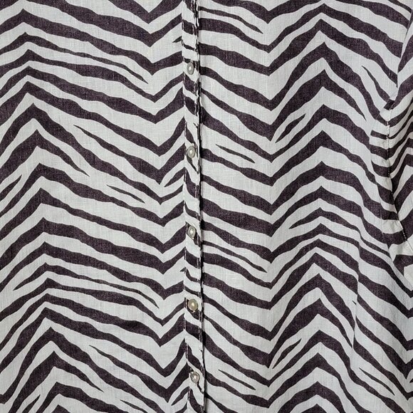 Tahari Linen Zebra Animal Print Beachy Long Sleeve Roll Tab Button Up Shirt L - Picture 8 of 10